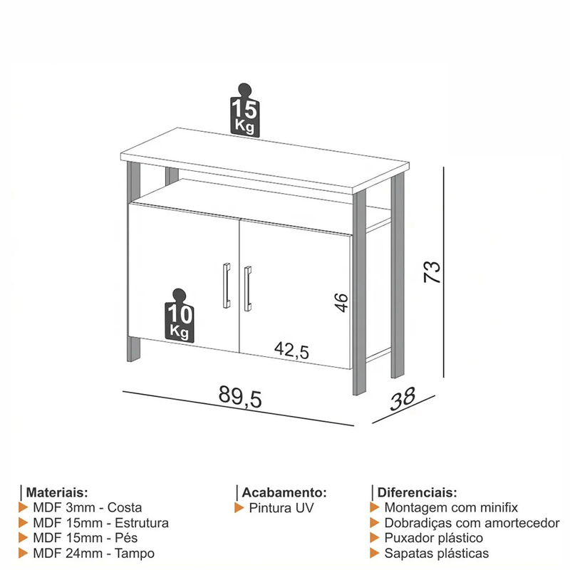 Balcão Aparador Design Industrial Com 02 Portas